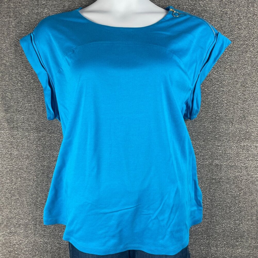 Lands End Top Womens 2X Blue Short Cuffed Sleeve Work Office Capsule Edgy Zipper